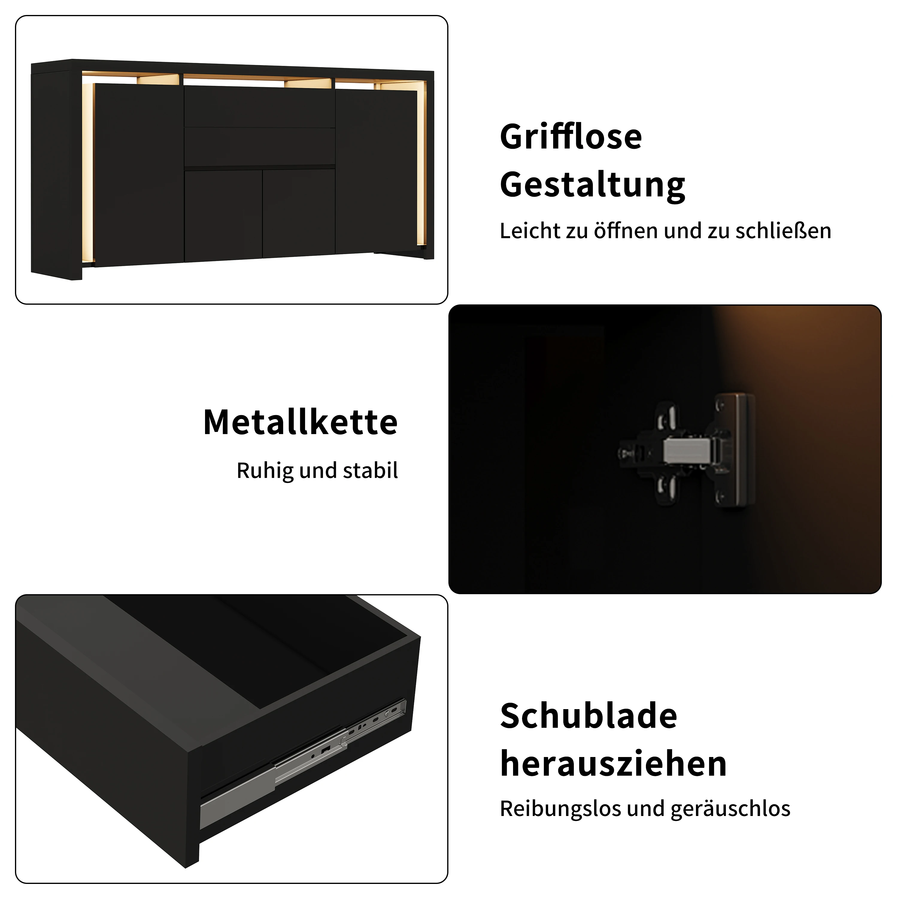 Rosahqnda Sideboard Hochglanzweiß mit LED, modernes Sideboard mit Tür und Schubladen, Buffetschrank, Kommode für die Küche – Detail 29