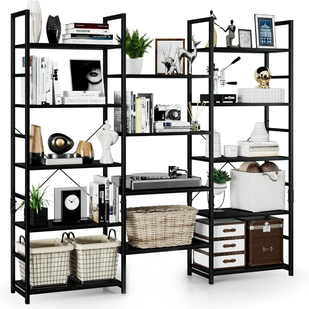 

Triple Wide 5 Tier Bookshelf,Rustic Industrial Style Bookcases and Bookshelves with 14 Open Display Shelves,Modern Tall Bookcase