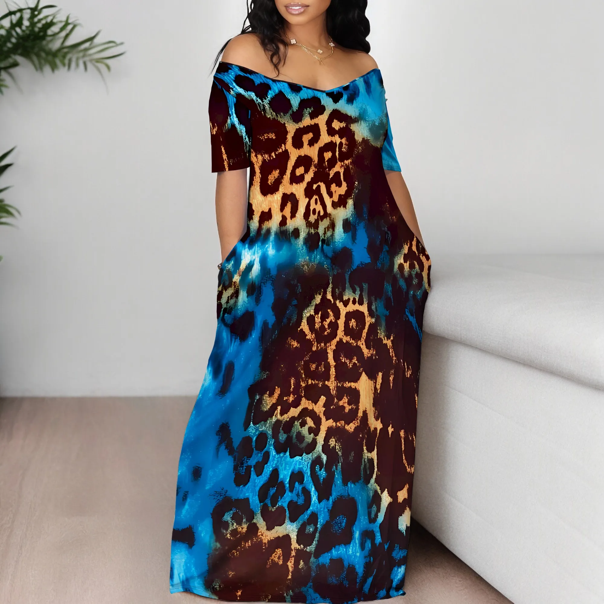 

Nupusa Leopard Print Dress for Women Standard Size Summer Casual Off - Shoulder Half Sleeve Maxi Dress