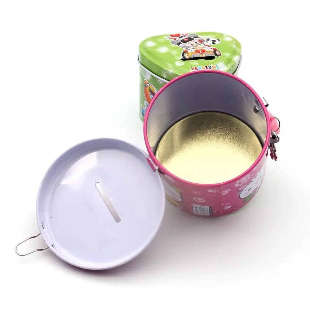 With Lock and Key Tinplate Piggy Bank Cartoon Print Design High Capacity Coin Savings Box Iron Art Cute Kids Storage Jar