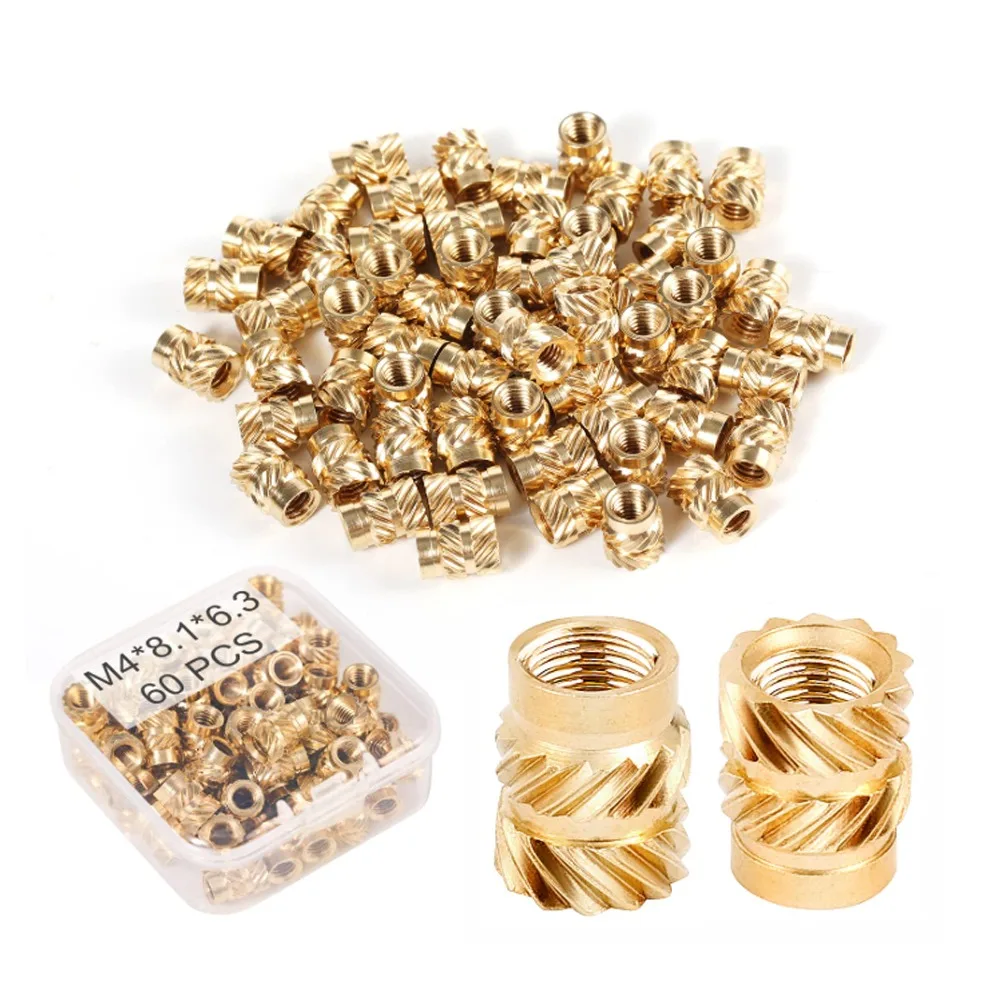 60pcs 3D Printing Recessed Nuts M4*8*6 Threaded Insert Brass Double Twill Knurled Nuts Heat Resistant Insert Embedment Screw Nut