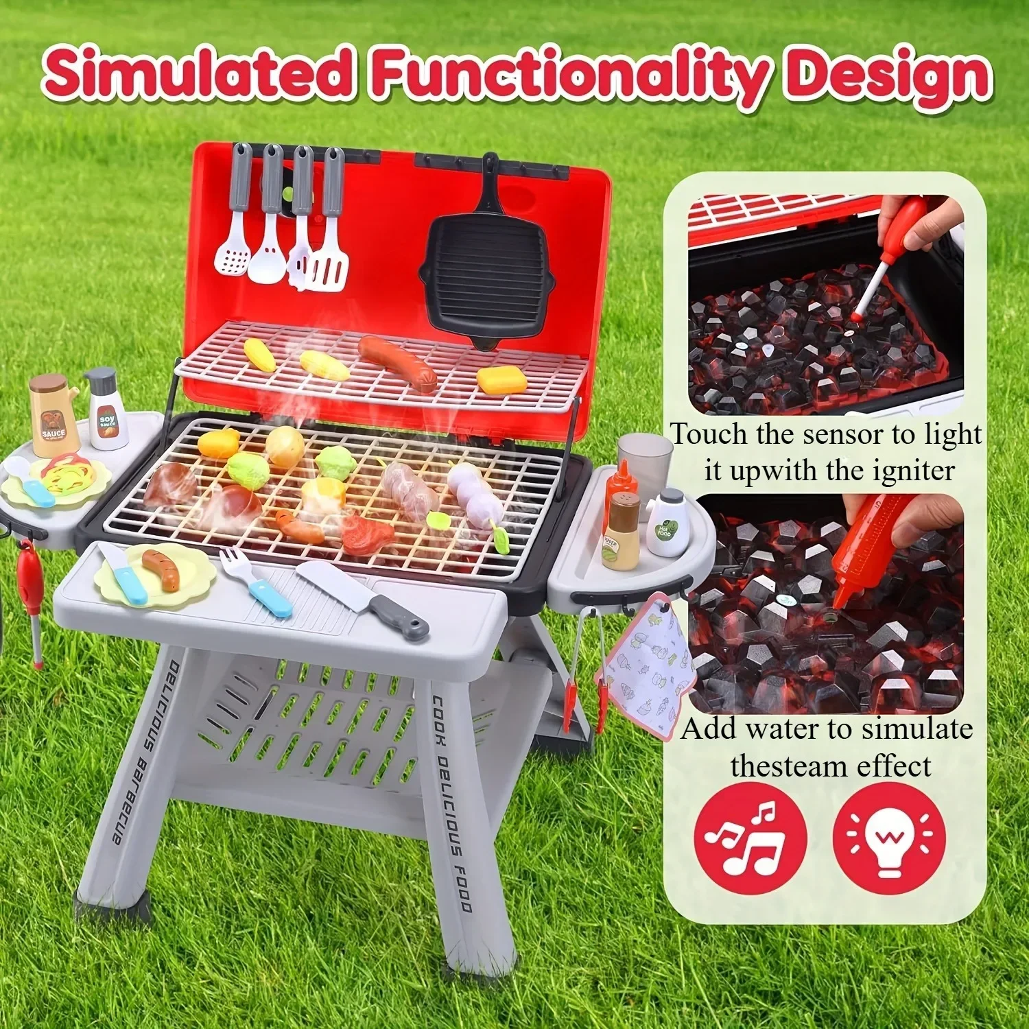 Barbecue Grill Toy Set Kids BBQ Pretend Play Kitchen Playset with Smoke Sound Light Simulation Camping Cooking Food Toys Gift