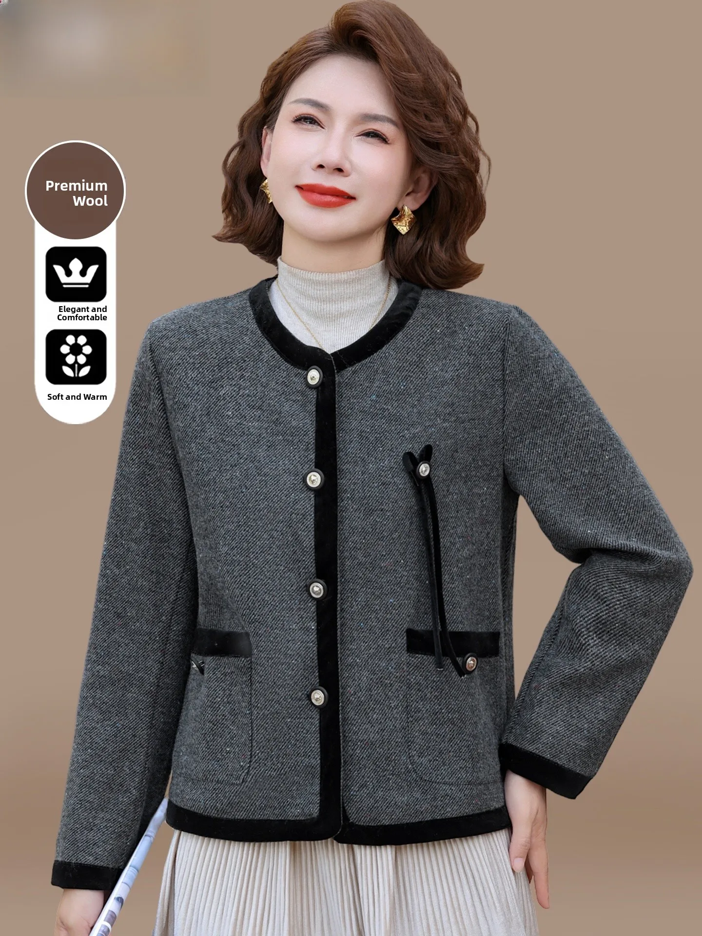 

Autumn Winter Woolen Coat for Middle-Aged Mothers Faionable Lady Brand Top Women's Casual Loose Fit ort Coat Warmth