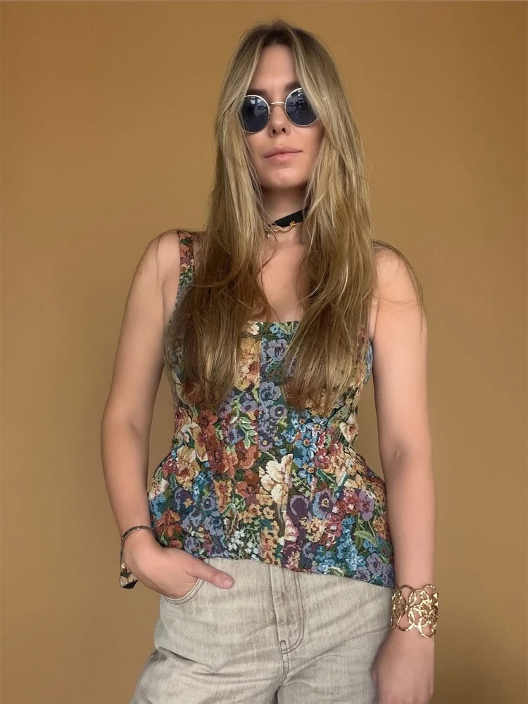 Fishbone Sleeveless Thin Strap Top Waist-cinching Vintage Floral Cropped Vest Summer Forest Cottage Holiday Outfits For Women