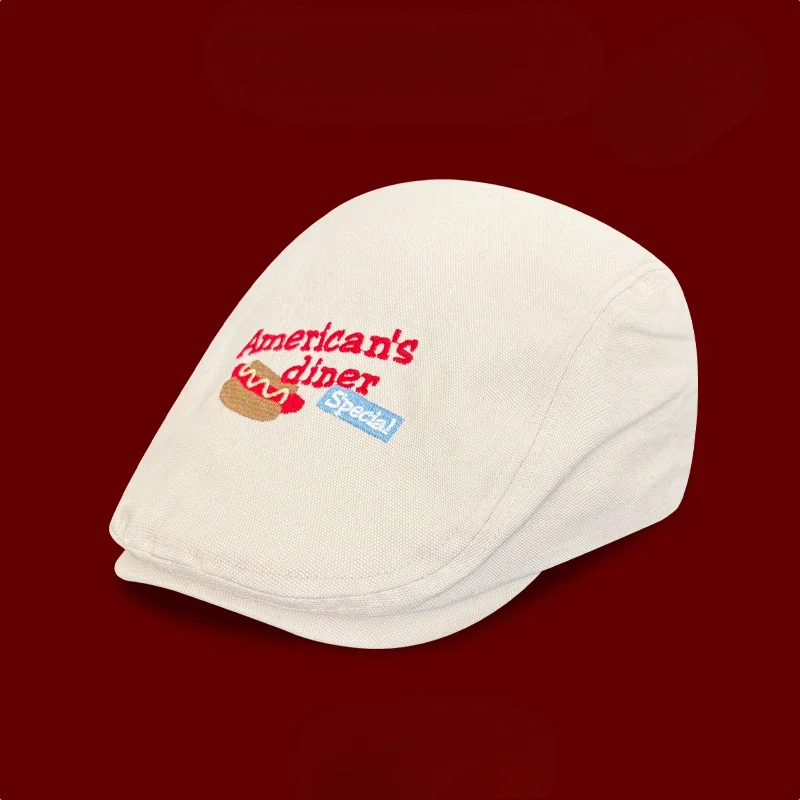 

Simple New Cartoon Hot Dog Letter Embroidery Forward Hat Spring and Autumn Men's and Women's Trend Literary and Casual Beret Cap