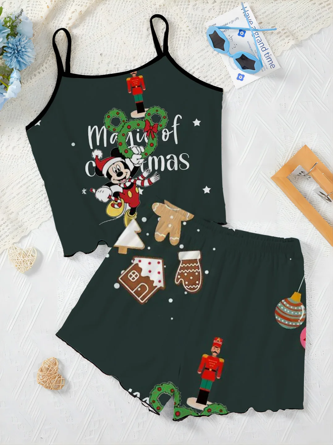 Pajama Skirt Home Dress Minnie Mouse Christmas T-shirt Short Sets for Women 2 Pieces Top Women's Suit Mickey Lettuce Trim Disney