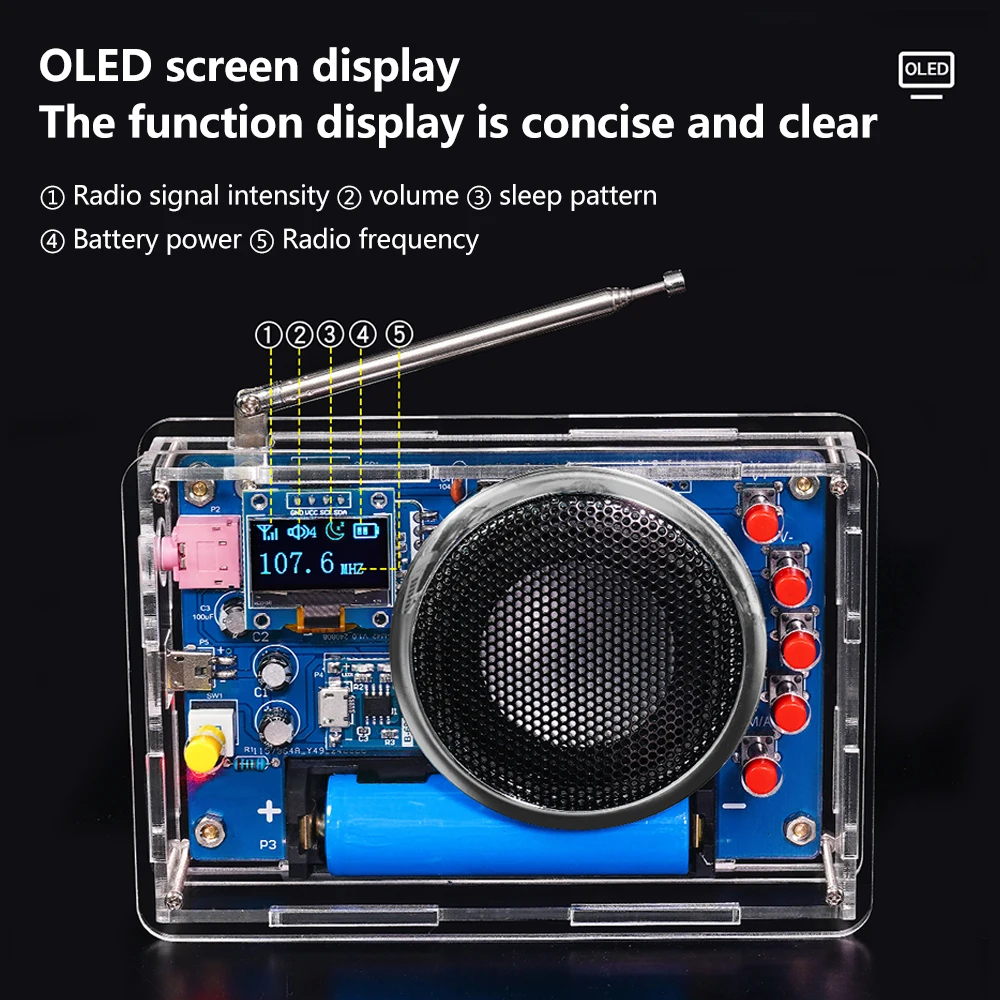 DIY วิทยุ FM อิเล็กทรอนิกส์ชุด87-108เมกะเฮิร์ตซ์ปรับความถี่ OLED จอแสดงผลวิทยุประกอบ DIY บัดกรีปฏิบัติชิ้นส่วน RDA5807