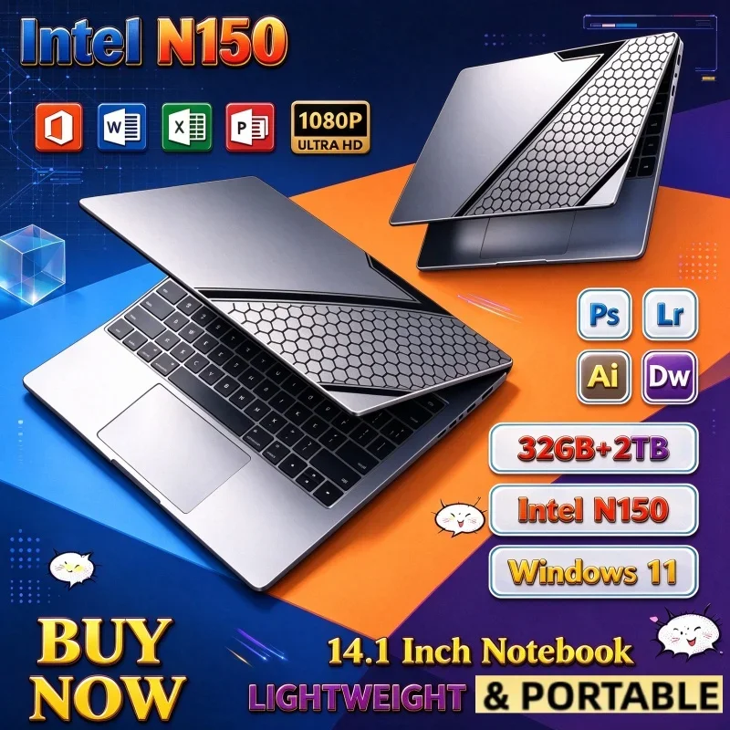 Intel N150 14.1" Compact Gaming Laptop Windows 11 32GB RAM 1/2TB M.2 SSD Laptops 4K HD Desktop Office School Study Notebook