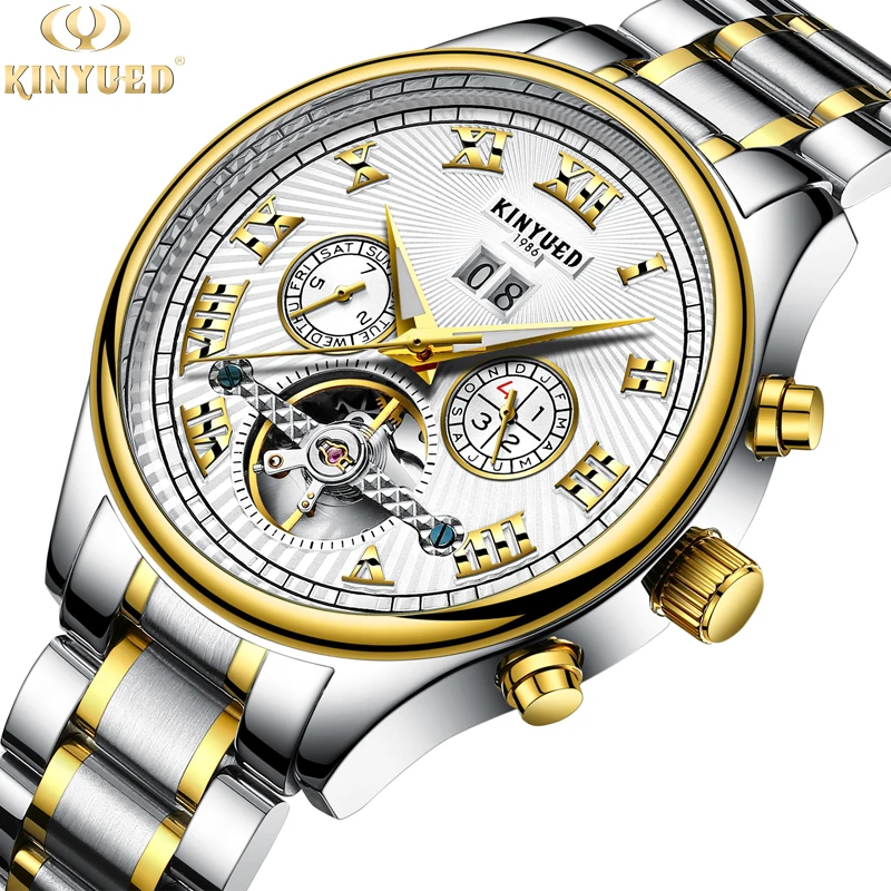 

KINYUED Top Men Watch Automatic Movement Luxury Man Clock Stainless Steel Multiple Calendar Wrist Watch Business Watches for Men