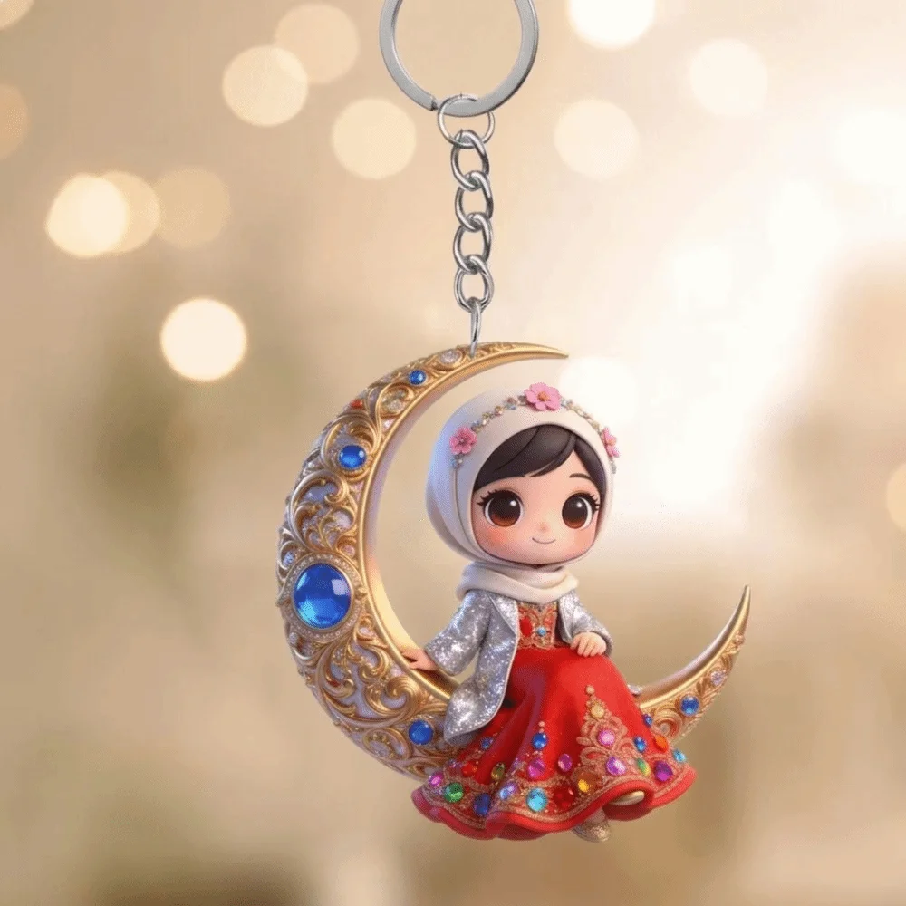 2D Flat Crescent Moon Acrylic Keychain Trendy Hijab Design Cartoon Figure Keychain Beautiful Girls Figure Lightweight