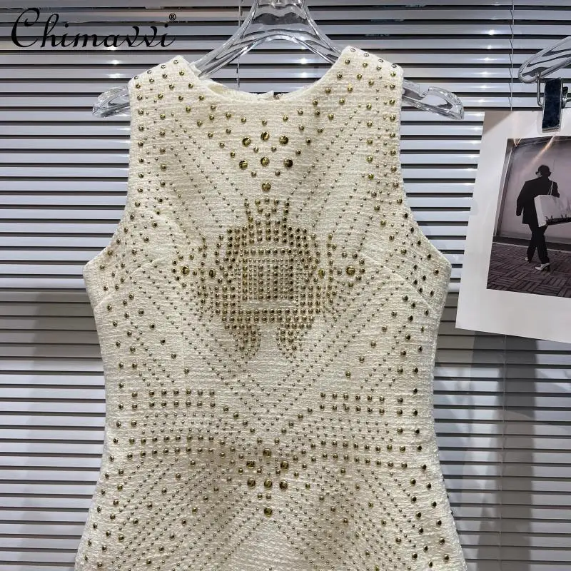 

2025 Autumn Clothes New Heavy Industry Metal Rivet Tweed Waist Short Dress Women's Fashion Round Neck Sleeveless Party Dresses