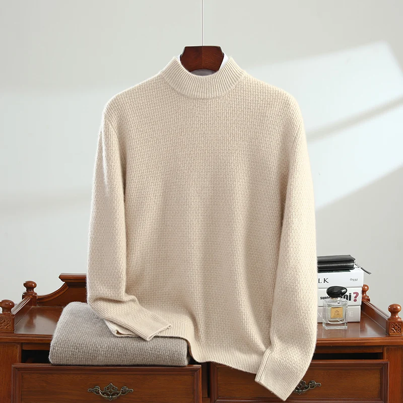 new product: 100% cashmere knitted pullover, long sleeved sweater, casual men's semi high neck, business cashmere sweater