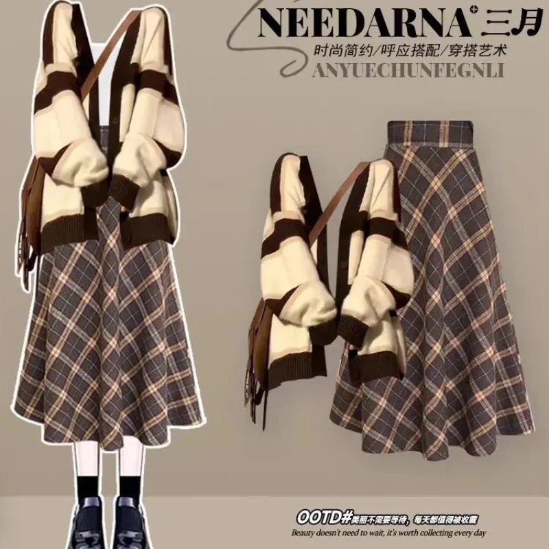 New Autumn and Winter Maillard Wear a Full Set Women's Korean-style Cardigan Sweater Plaid Skirt Two-piece Set