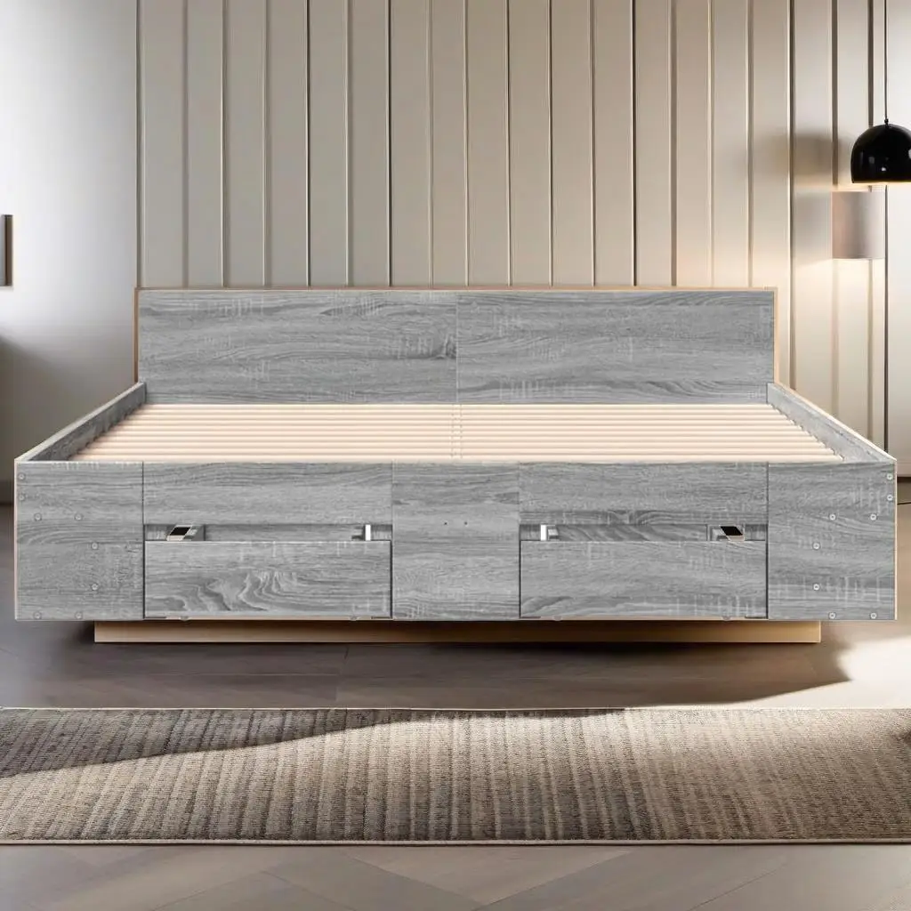 Grey Sonoma Bed Frame with Drawers 160x200 cm - Mattress Not Included