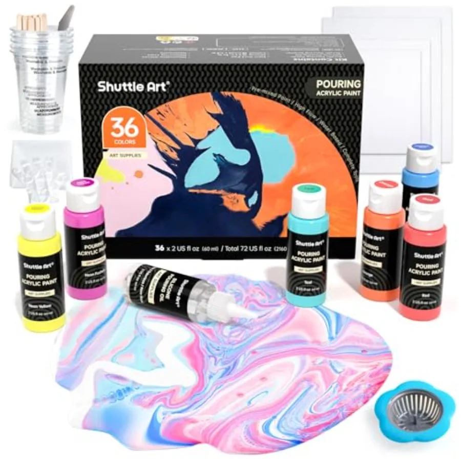 

【Spot goods】Acrylic Pouring Paint Set of 36 Bottles 2 oz/60ml Pre-Mixed High-Flow Pouring Supplies with Canvas Silicone Oil Mea