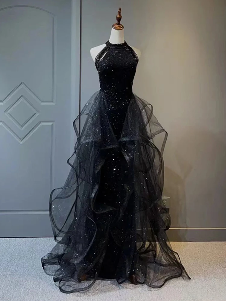 Shiny Black Evening Dress Luxury Sequins Formal Banquet Gown Elegant Hanging Neck Beaded Tassel  Tulle Ruffles Host Vestidos