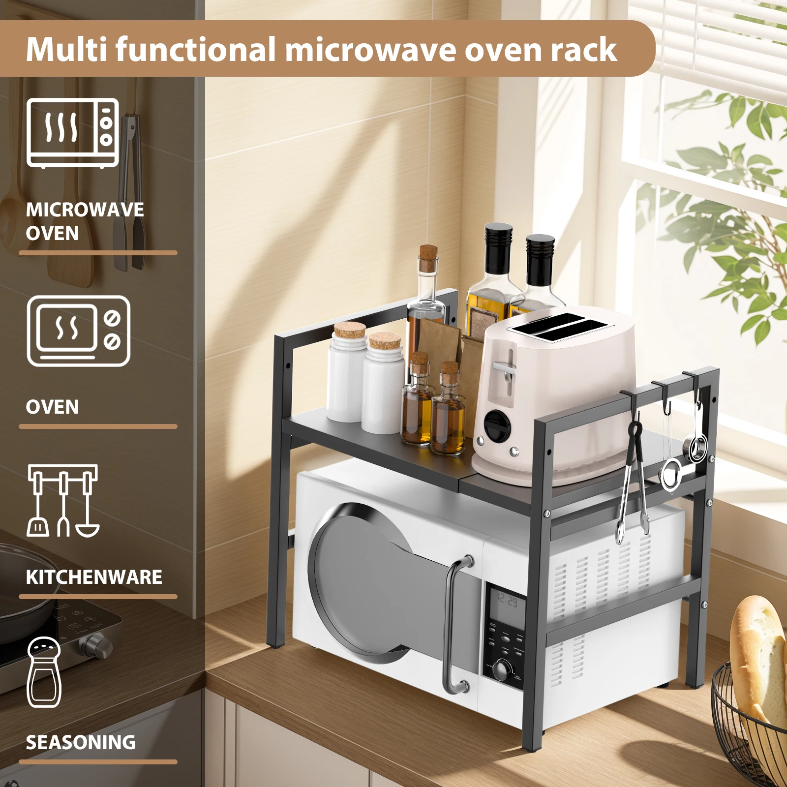 2-stufiger erweiterbarer Mikrowellenregalständer mit 6 Haken, längen-/höhenverstellbares Mikrowellenherdregal, freistehend, Kohlenstoffstahl – Detail 4