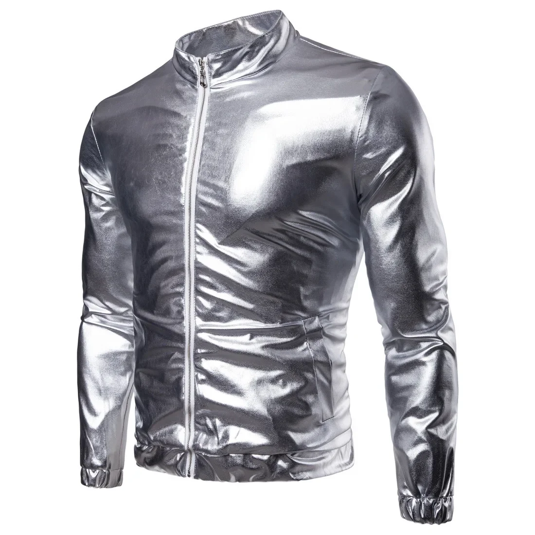 Fashion Men Nightclubs Gold Glossy Jackets Coats Men Women Casual Slim Thin Zippers Coat Silver Golden Hip Hop Bomber Jacket