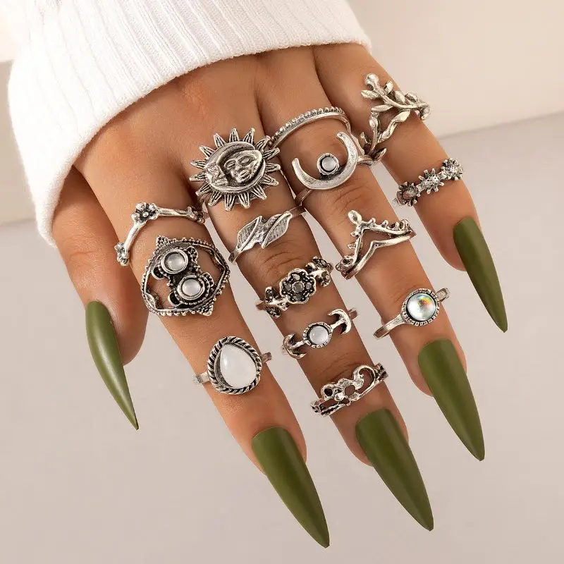 Tocona Boho Crown Moon Heart Rhinestone Geometric Flower Knuckle Rings Set for Women Midi Finger Rings Stacking Finger Jewelrys