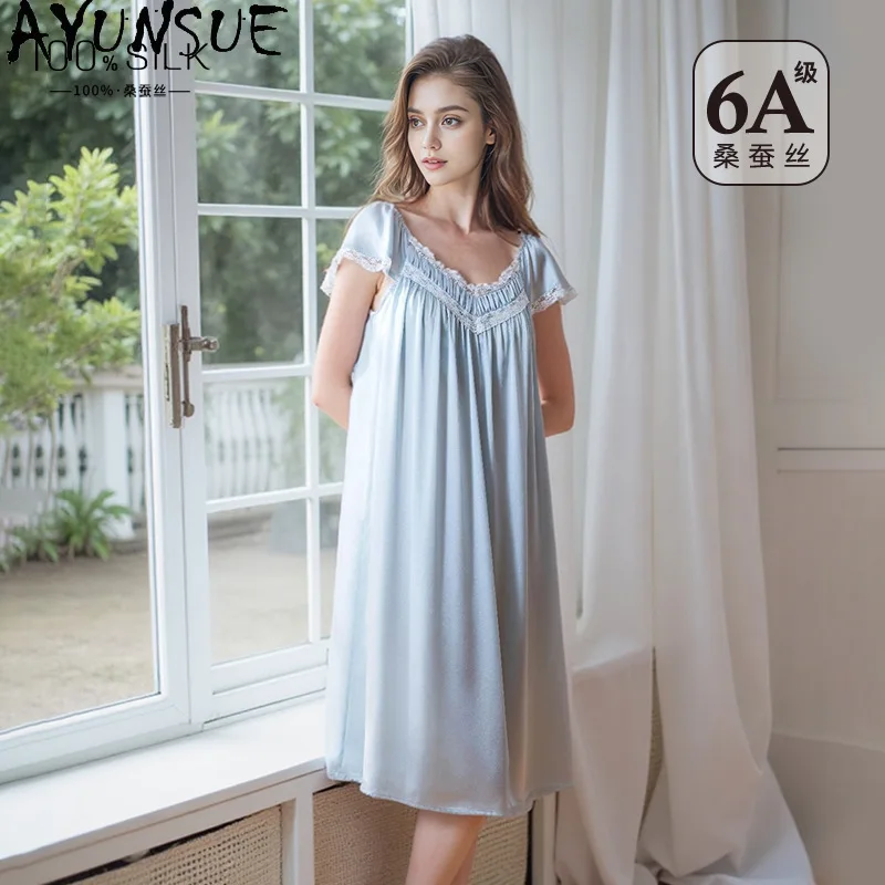 

AYUNSUE 100% шелковые ночные сорочки для женщин, милое платье в стиле принцессы с подкладкой на груди, ночные сорочки с короткими рукавами, пижамы для женщин