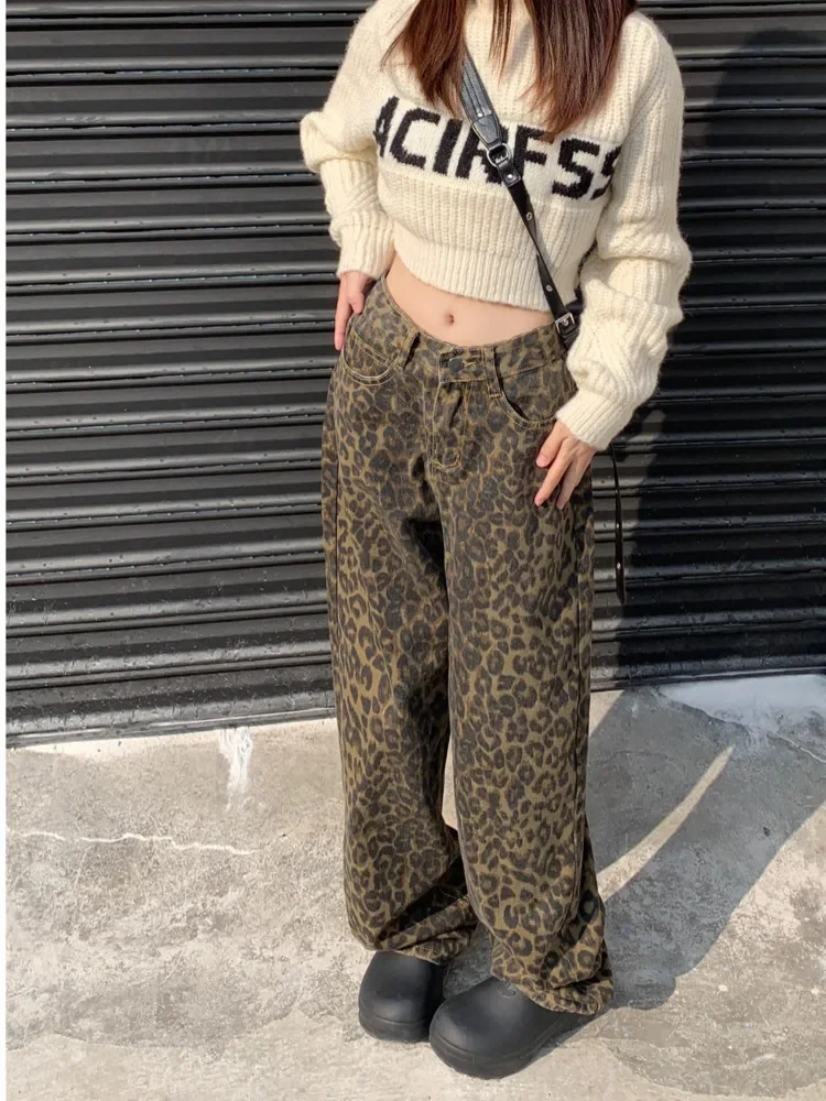 American Vintage Leopard Print Loose Women Jeans Autumn New Classic Straight High Waist Slim Casual Fashion Female Jeans