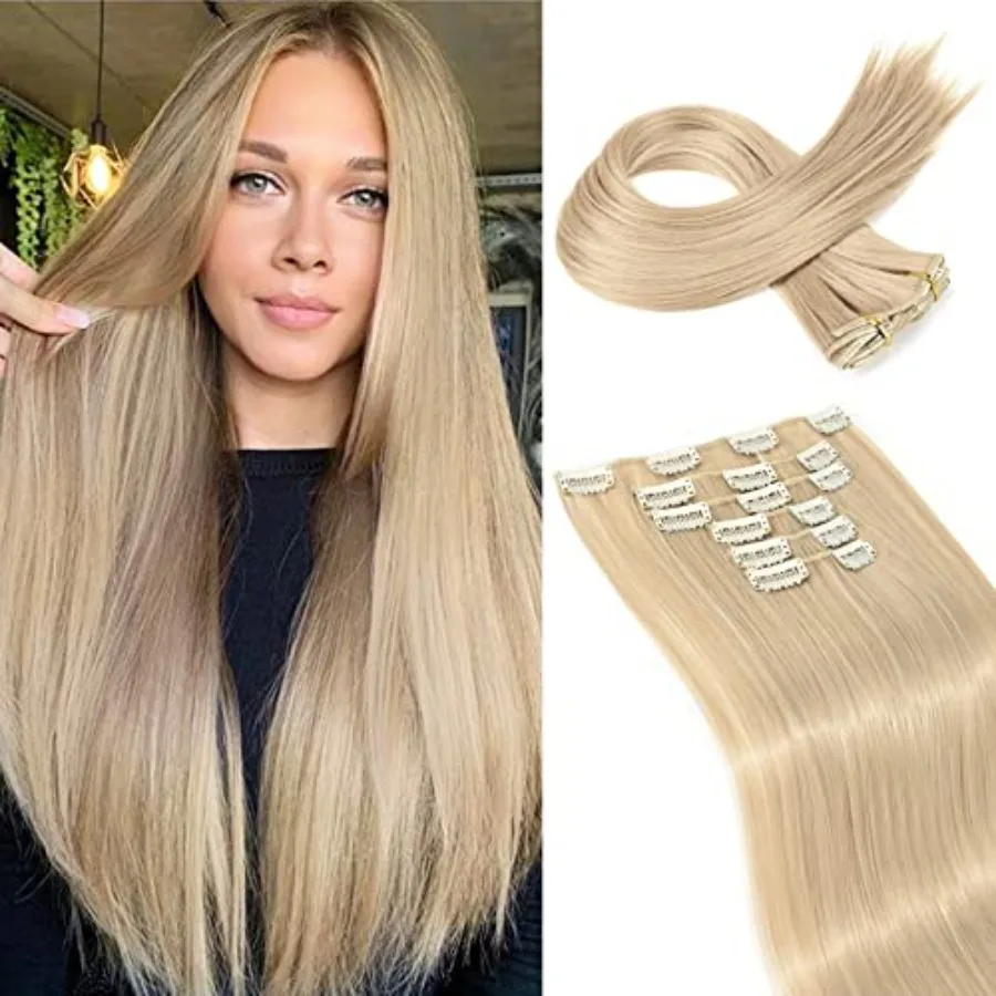 

6PCS Clip In Hair Extensions, 24" Long Straight Synthetic Clip On Hairpiece For Women Natural Ash Blonde