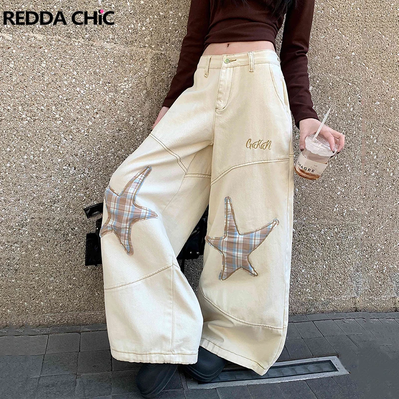 

ReddaChic Women Plaid Retro Wide Leg Jeans Star Patched Low Waist Oversized Casual Barrel Pants Lounge Hip Hop Y2k Streetwear