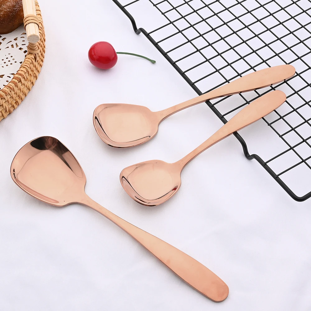 Gold Top Quality 18/10 Stainless Steel 3 Sizes Flat Spoons Dinnerware Set For Soup Stirring Spoon Flatware Kitchen Accessories