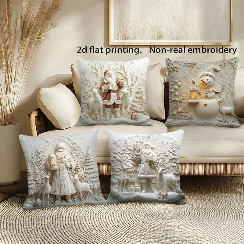 Christmas Santa Snowman 2D Printed Throw Pillow Covers, Xmas Decorative Cushion Cases for Home Sofa