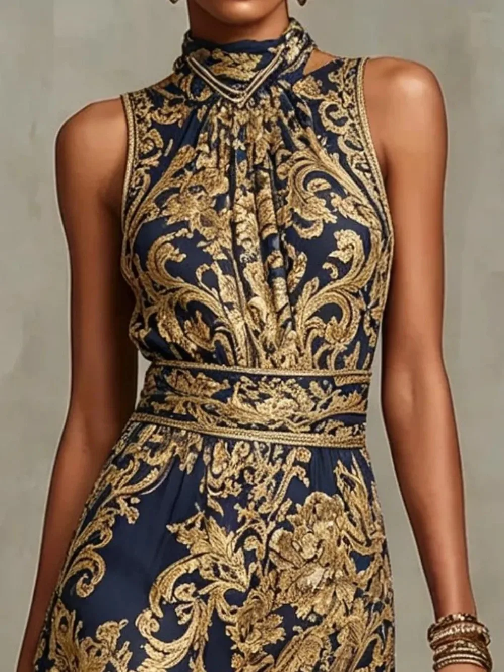 Baroque Print Halter Neck Maxi Dress Sleeveless High Waist A-Line Formal Evening Gown Elegant Vintage Party Dress for Women