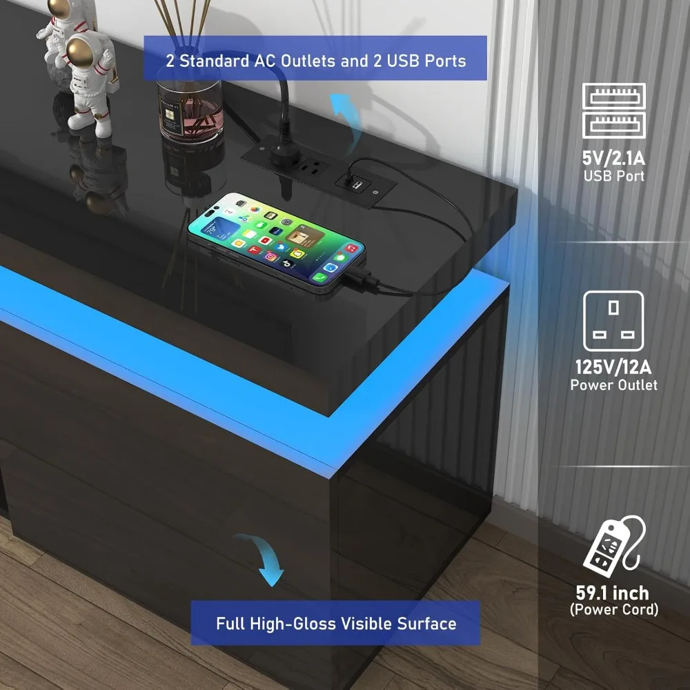 Modern 85 Inch LED TV Stand with Built-in Power Outlet and High Gloss Entertainment Center Featuring Storage and LED Lighting