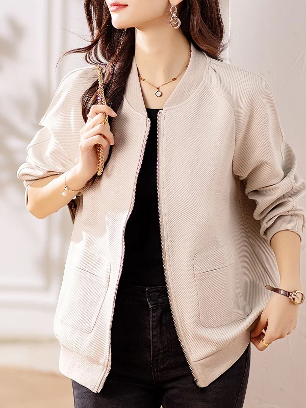 Modna kurtka baseballowa damska plus size, luźna, uniwersalna, elegancka, długa, zapinana na zamek, wzór w paski.