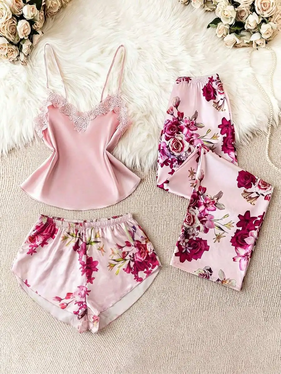 Floral Print Satin Lace Trim Pajama Set For Women