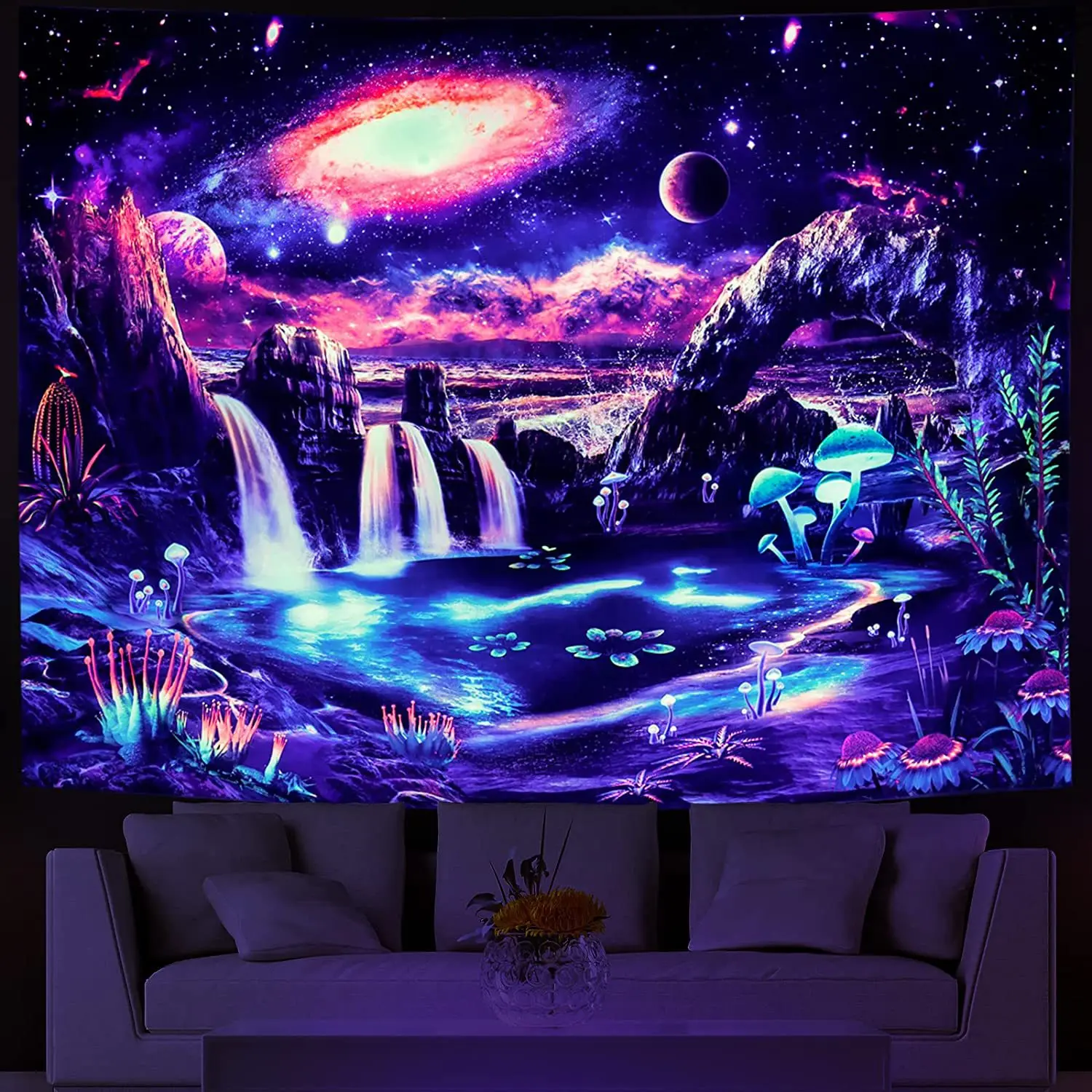 Home Decor Mystery Starry Sky Forest UV Reactive Fluorescent Tapestry Wall Hanging Trippy Waterfall Black Light Tapestries