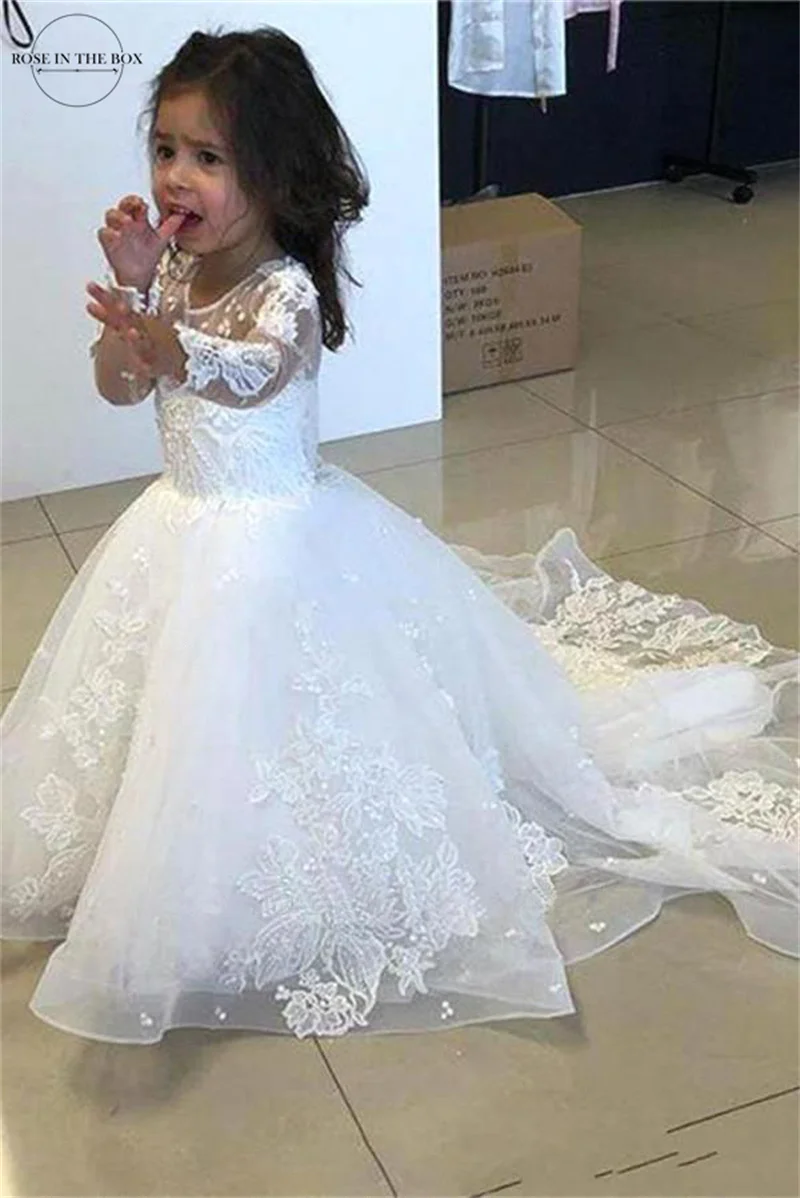 New Princess Flower Girl Dresses For Weddings Kids Lace Applique Ball Gown Girl's Ceremonial Dress With Sleeves Vestido