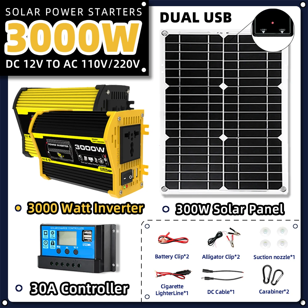 300W 18V Solar Panel Sub 3000W Solar Panel Kit with 30A Controller Solar Charger Battery for Batteries Camping Car Boat RV