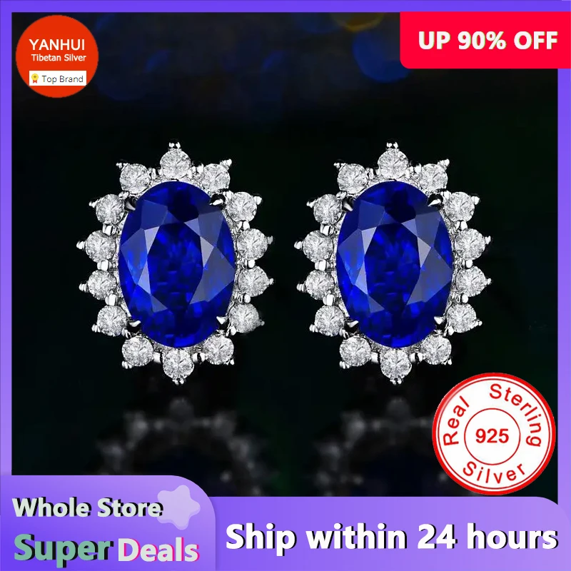 YANHUI Luxury Simulation Blue Sapphire 100% Original 925 Silver Needle Earrings Princess Diana Royal  Crown Wedding Jewelry