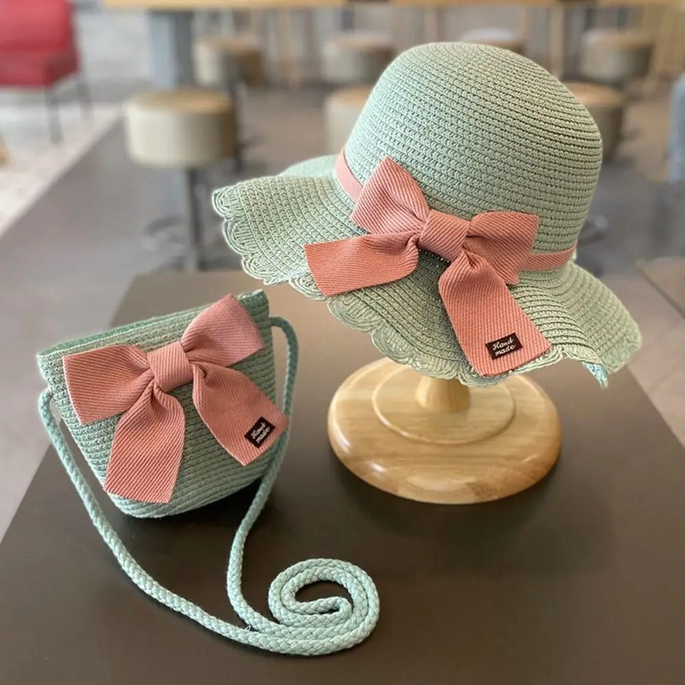 1 Pc Fashion Lovely Children Straw Hat UV Protection Ribbon Bow Kids Girl Hat Travel Beach Sun Hat Crossbody Bag