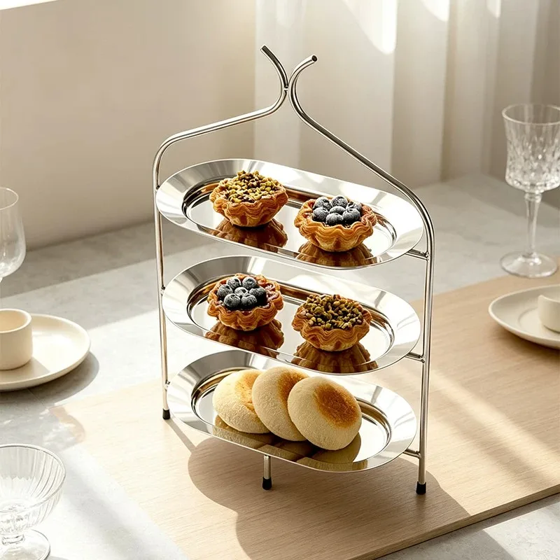 European 3 Tier Stainless Steel Dessert Stand Afternoon Tea Pastry Fruit Tray Snack Bread Storage Display Serving Platter Rack
