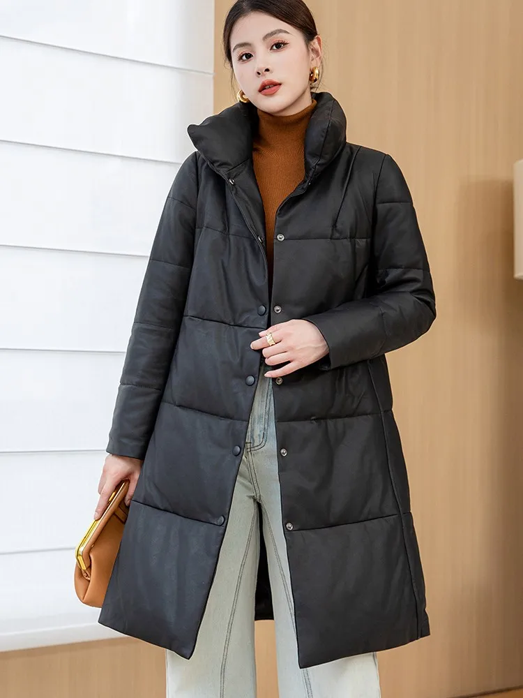 Winter Warm Stand Collar Women Genuine Leather Down Coat Single Breasted Loose Fit New Casual Medium Length Sheepskin Overcoat