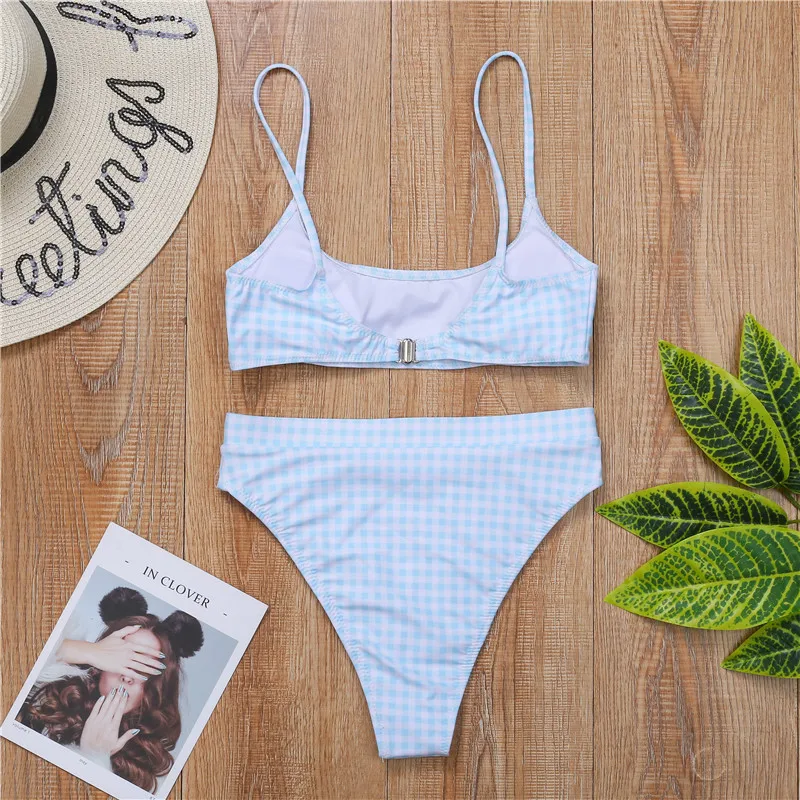 Bikini 2024 Sexy Push Up High Waist Plaid Print Swimwear Swimsuit Women Sky Blue Bikinis Set Bathing Suit Beach Bikini Female