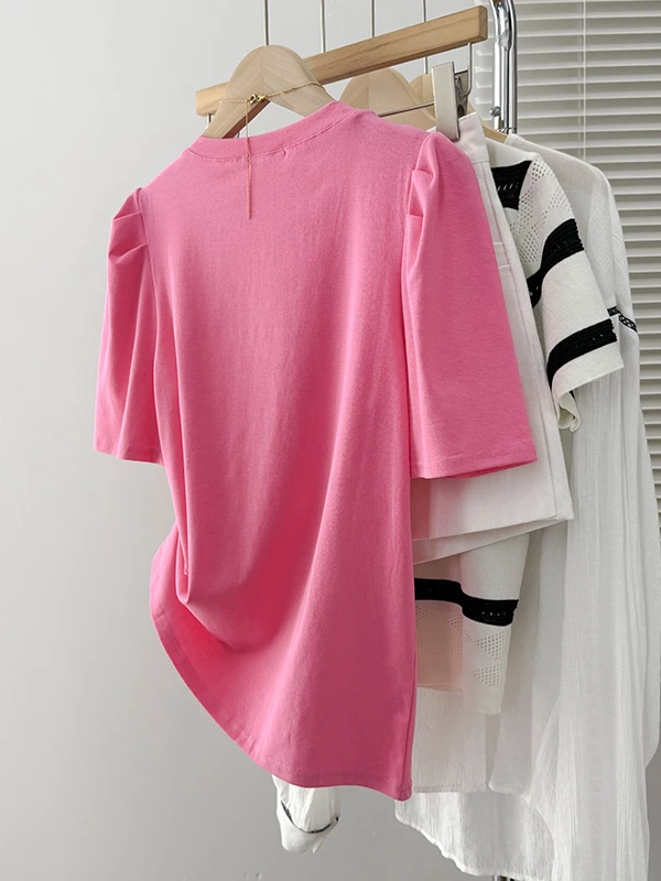 Summer Women's Pink round Neck Beaded Short Sleeve Top And Short Skirt Two-Piece Set Korean Style Casual Sportswear Ensemble