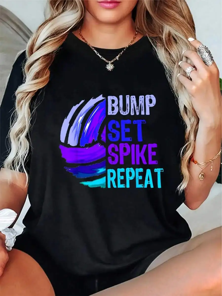 Girls Volleyball Bump Set Spike Repeat Blue/Purple T-Shirt Casual Short Sleeve Shirt