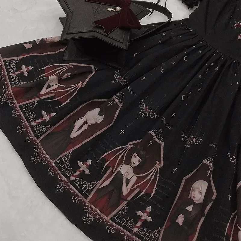 Dark Gothic Devil Print Dress Black Japanese Style Lolita Jsk Victorian Suspender Dress Loli Sexy Sweet Goth Bandage Dresses