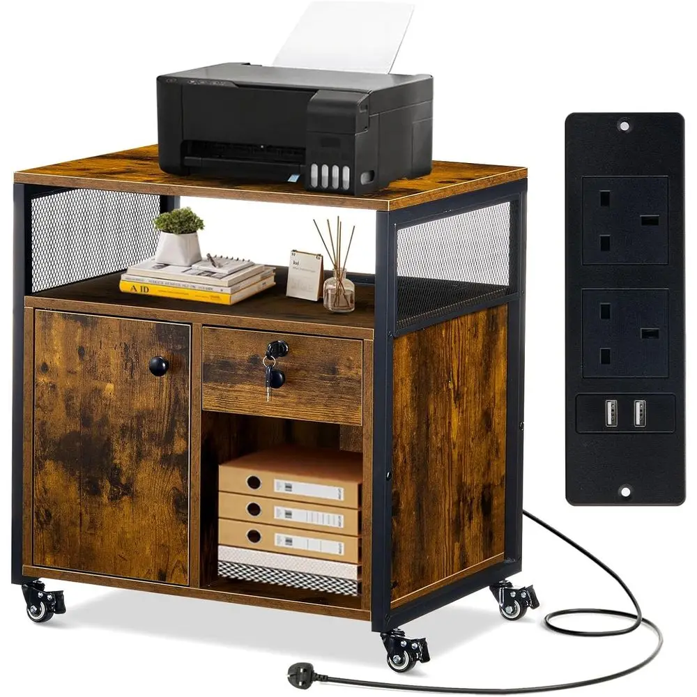 Industrial-Style Lockable Mobile Office Cabinet with Charging Station and Open Shelf