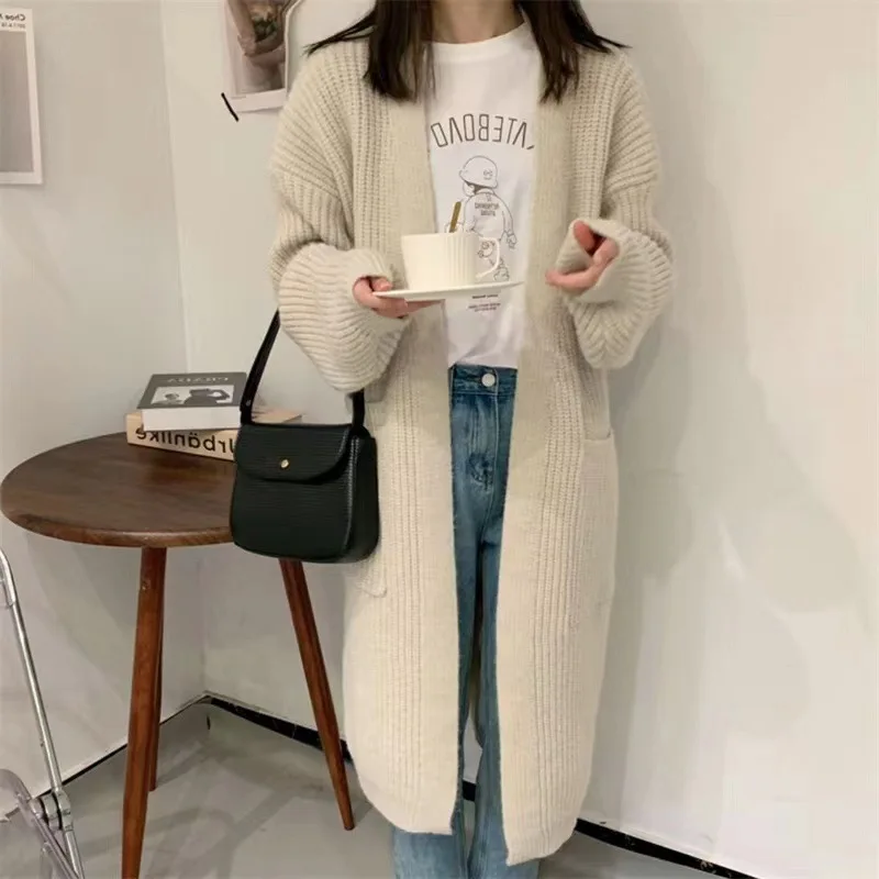 Pocket Design Cardigan Women Knitted Medium length V-neck Long Sleeved Thick Coat Jacket Female Sweater Cardigan Autumn Winter