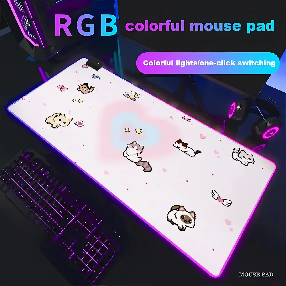 

Большой настольный коврик из искусственной кожи RGB Kawaii Cartoon Pixel Kitten HYBXAXC для офиса и геймеров, скоростной коврик для клавиатуры и мыши
