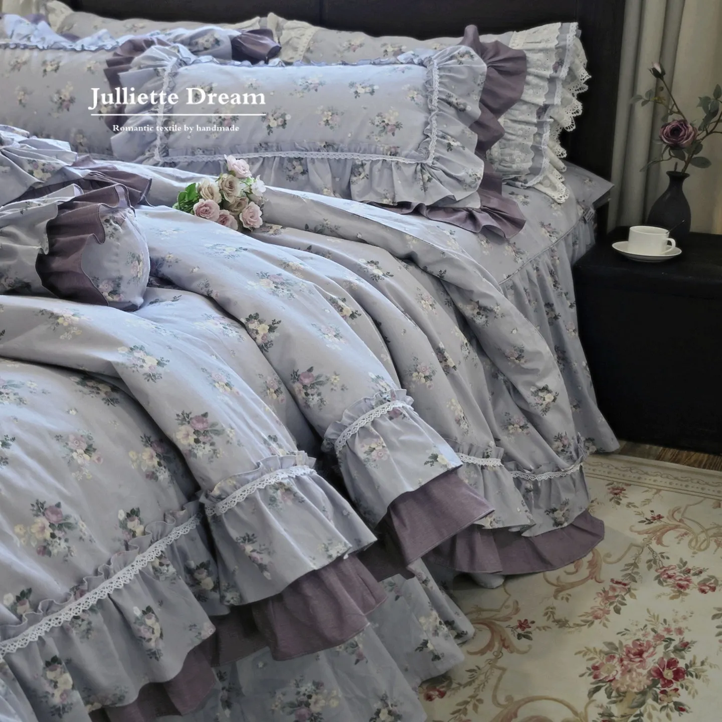 Romantic Lavender Purple Rose Floral Bedding Set, 100% Cotton Lace Ruffle Duvet Cover, Fresh and Elegant Design Bed Sheet