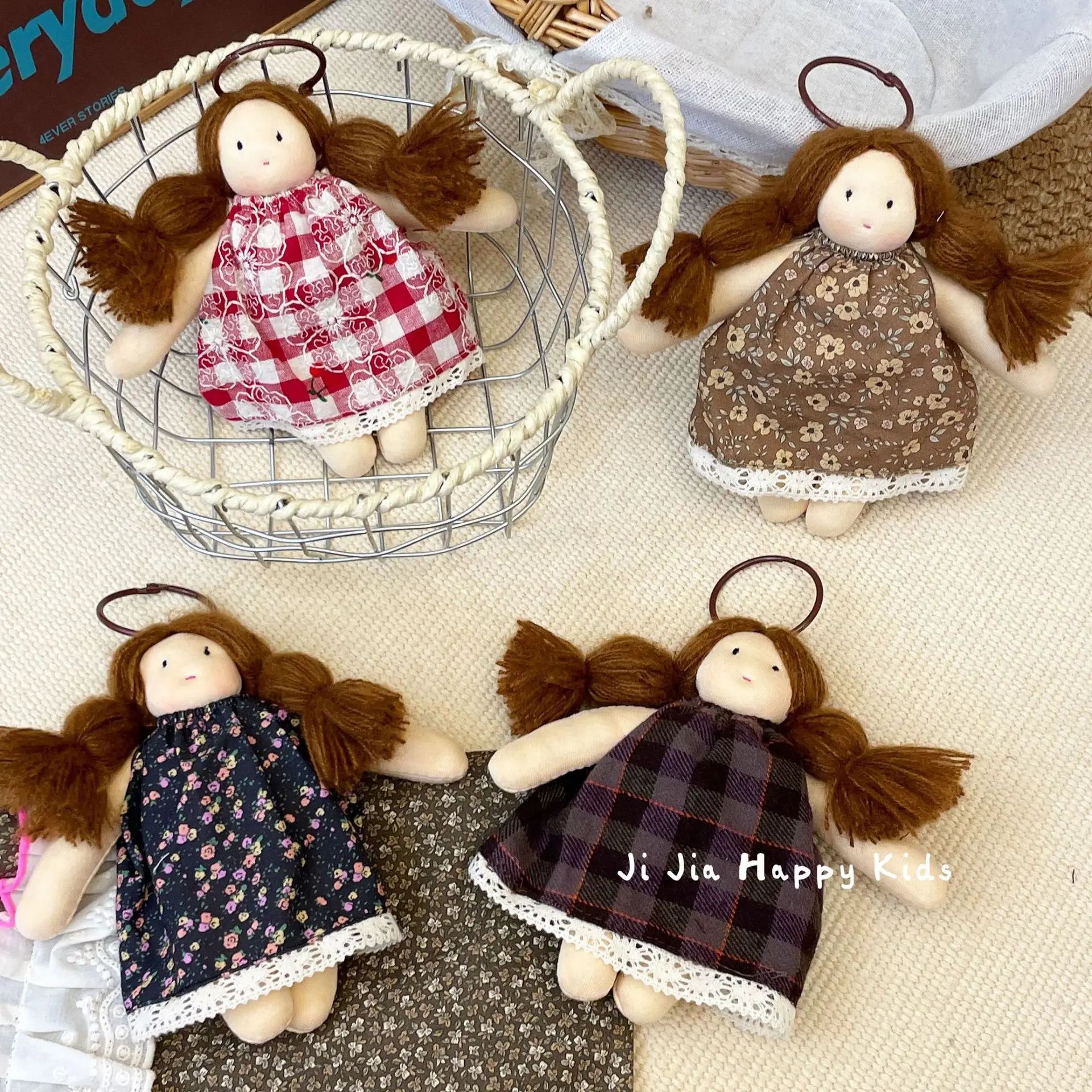 Keychain Bag Charm Plush Fabric Doll Checkered Floral Dress Soft Durable Sweet Pendant for Backpack Suitcase Phone Ornament