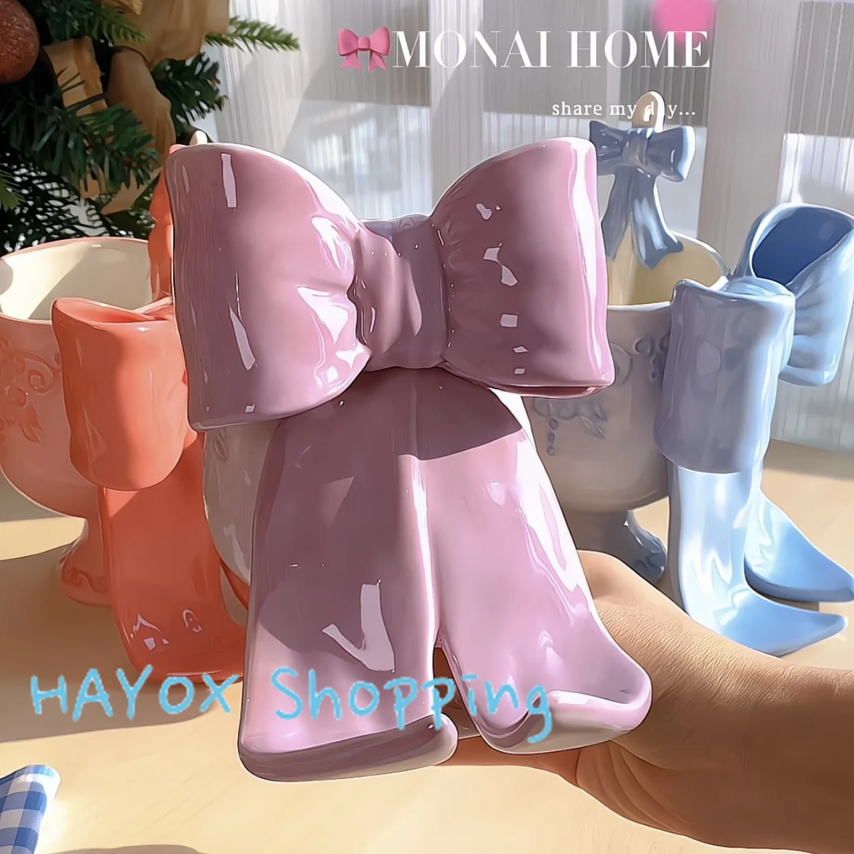 كوب كبير على شكل فيونكة عالية القدم، كوب سيراميك ملون تحت التزجيج، كؤوس إبداعية للحلوى الآيس كريم، كوب قهوة حليب الإفطار المنزلي #2